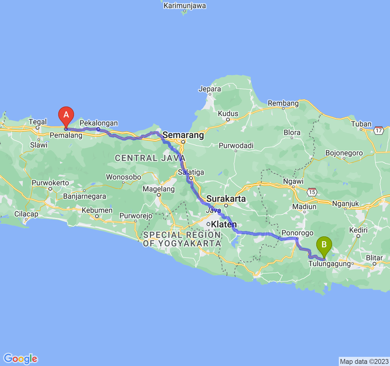 rute perjalanan Kab. Pemalang-Kab. Trenggalek