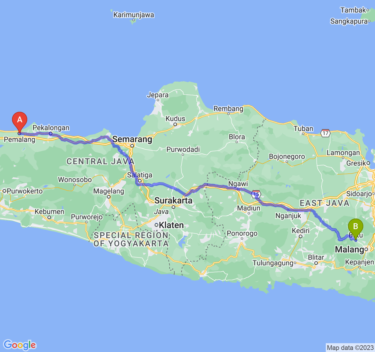 rute perjalanan Kab. Pemalang-Kota Batu