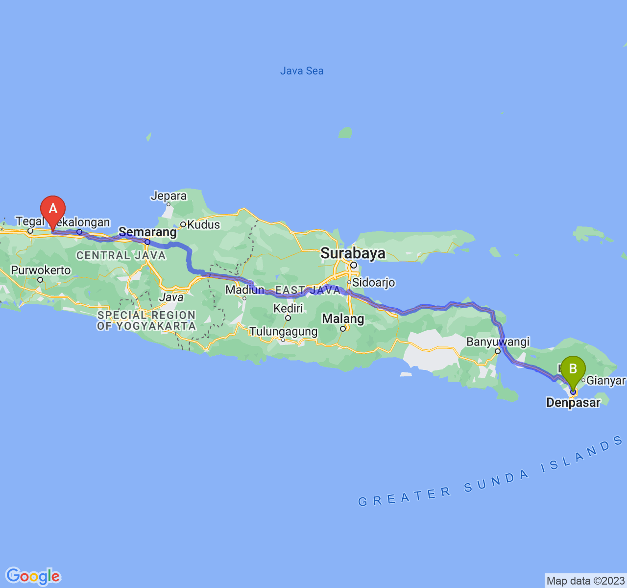 rute perjalanan Kab. Pemalang-Kota Denpasar