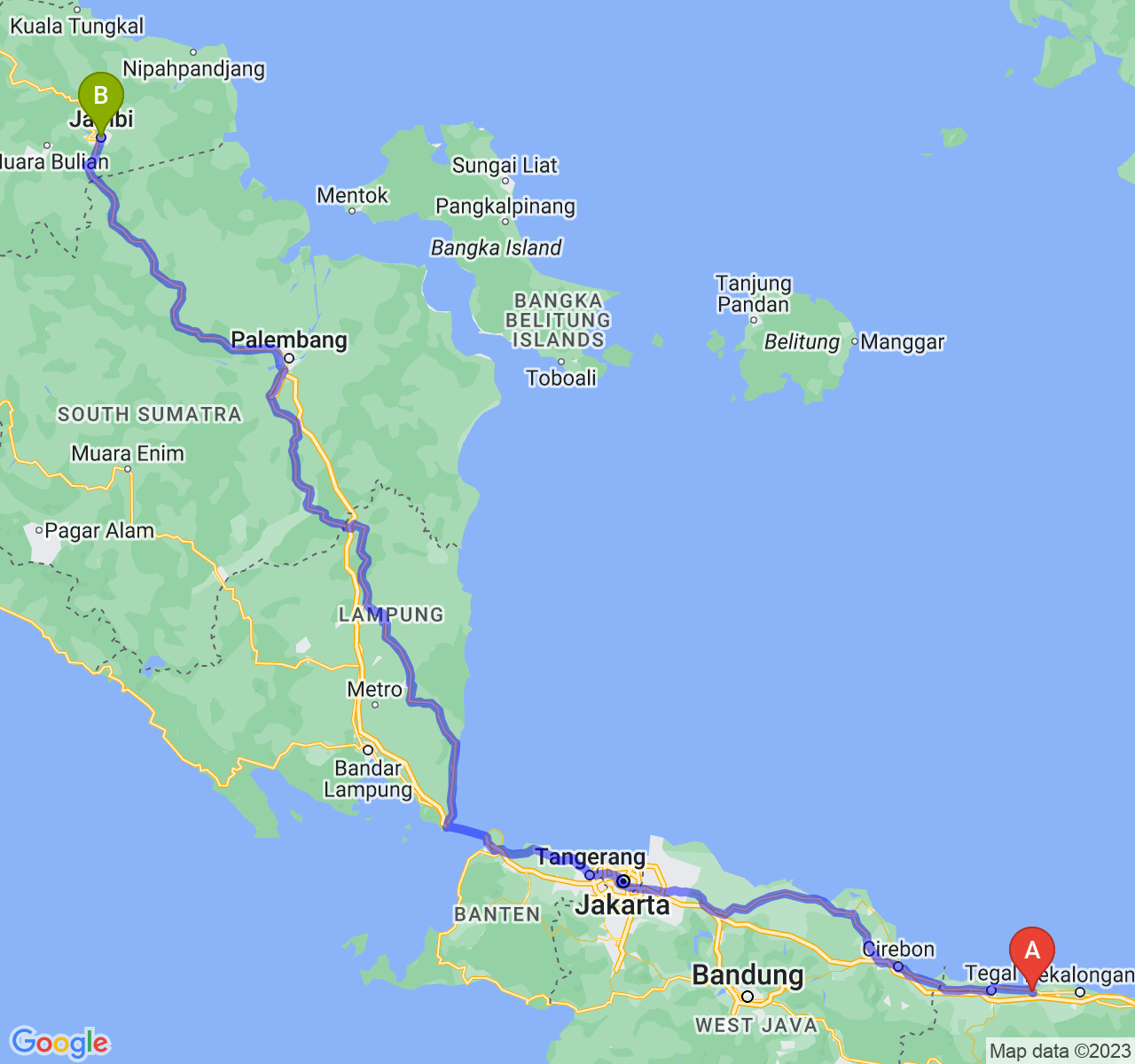 rute perjalanan Kab. Pemalang-Kota Jambi