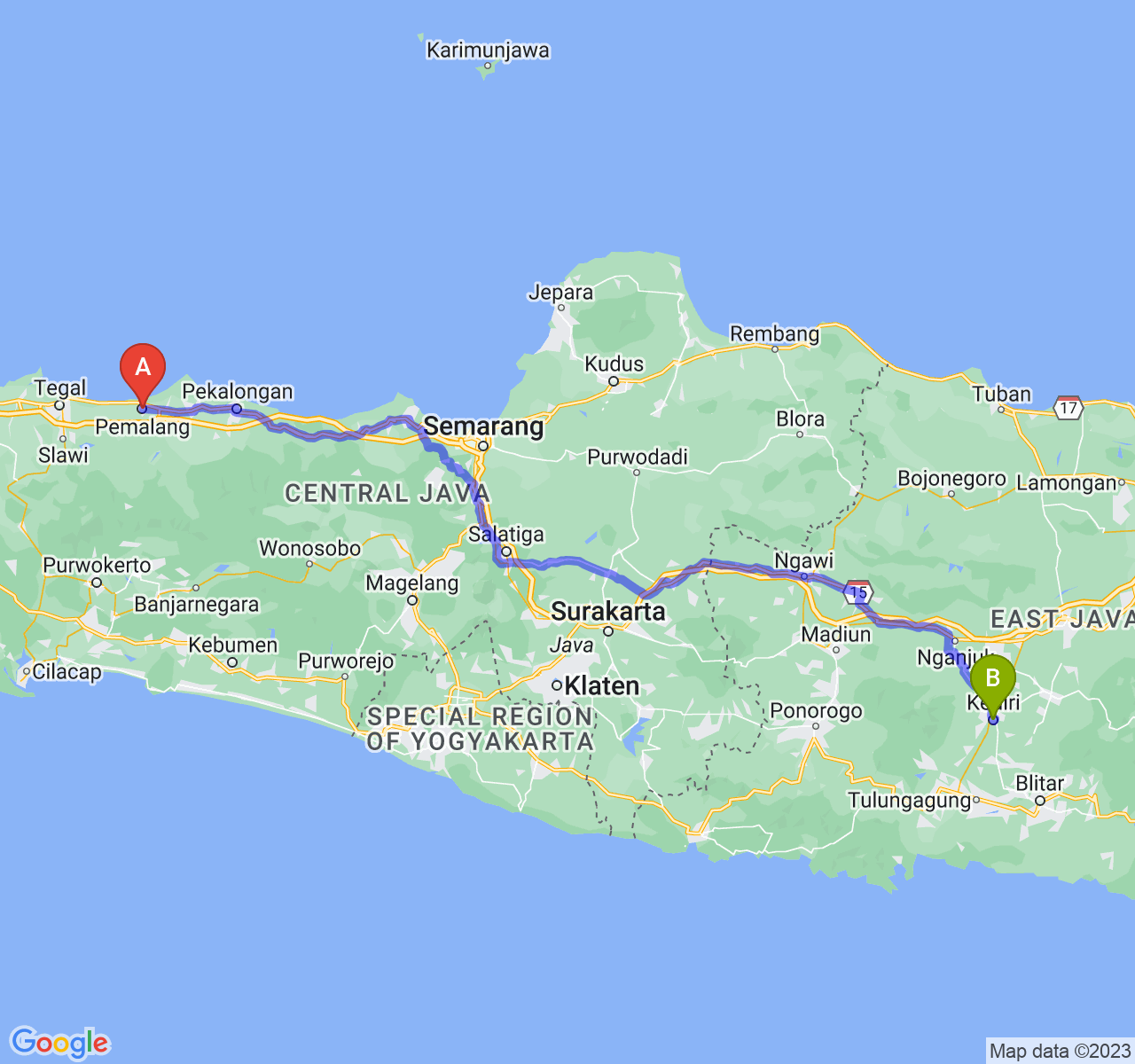 rute perjalanan Kab. Pemalang-Kota Kediri