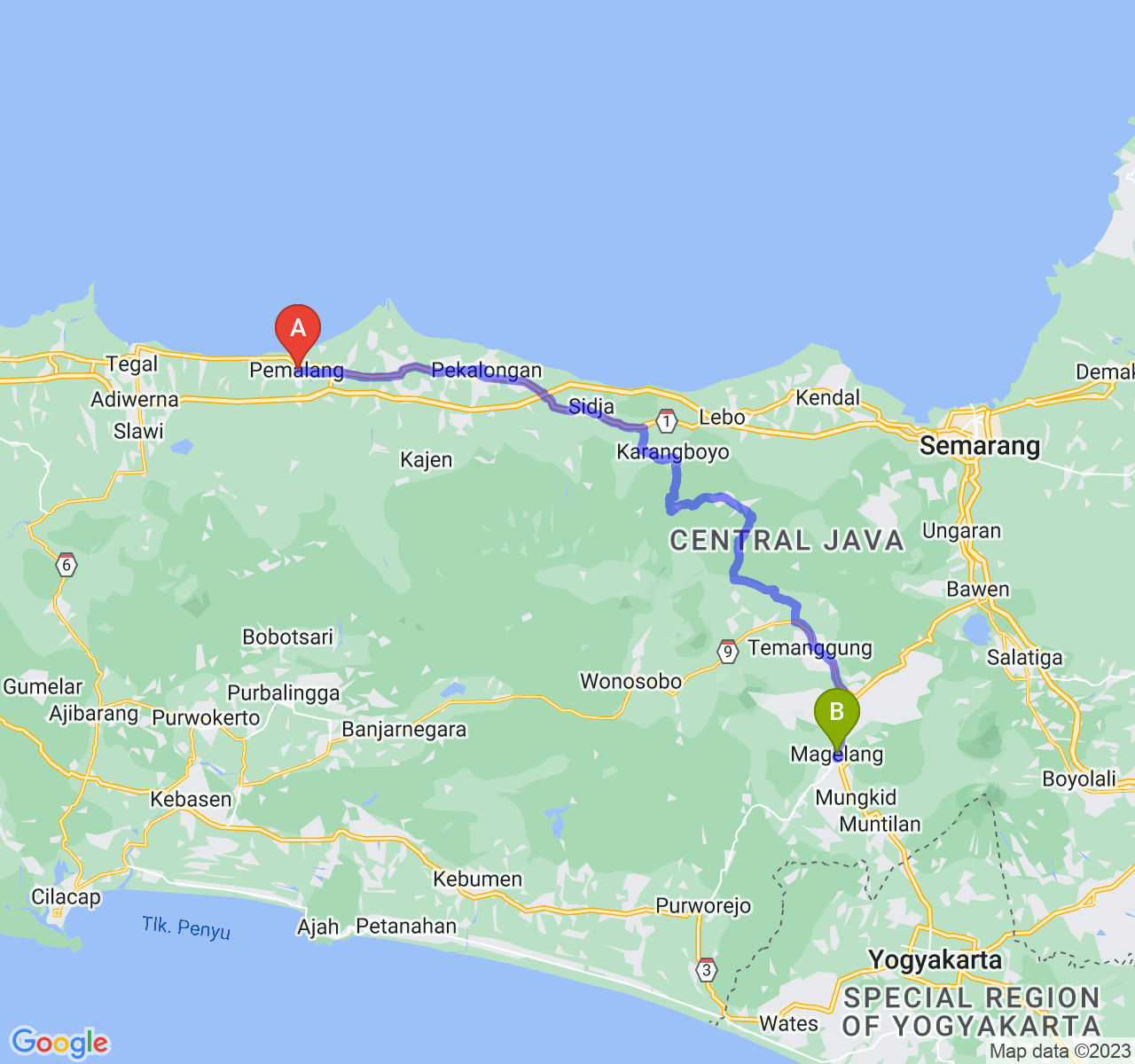 rute perjalanan Kab. Pemalang-Kota Magelang