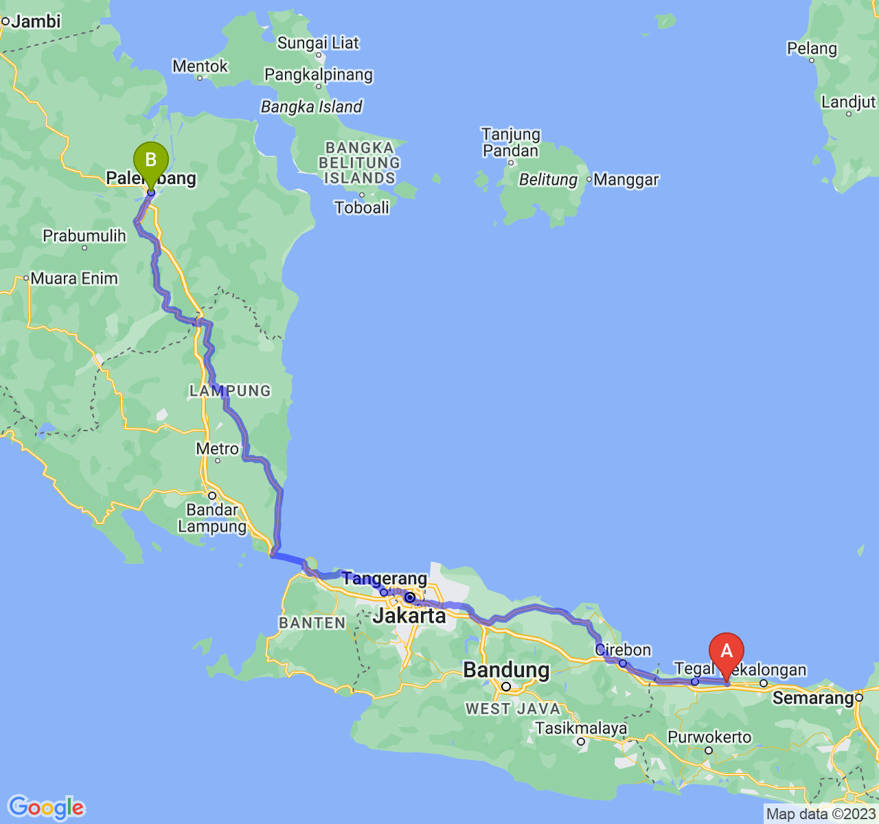 rute perjalanan Kab. Pemalang-Kota Palembang