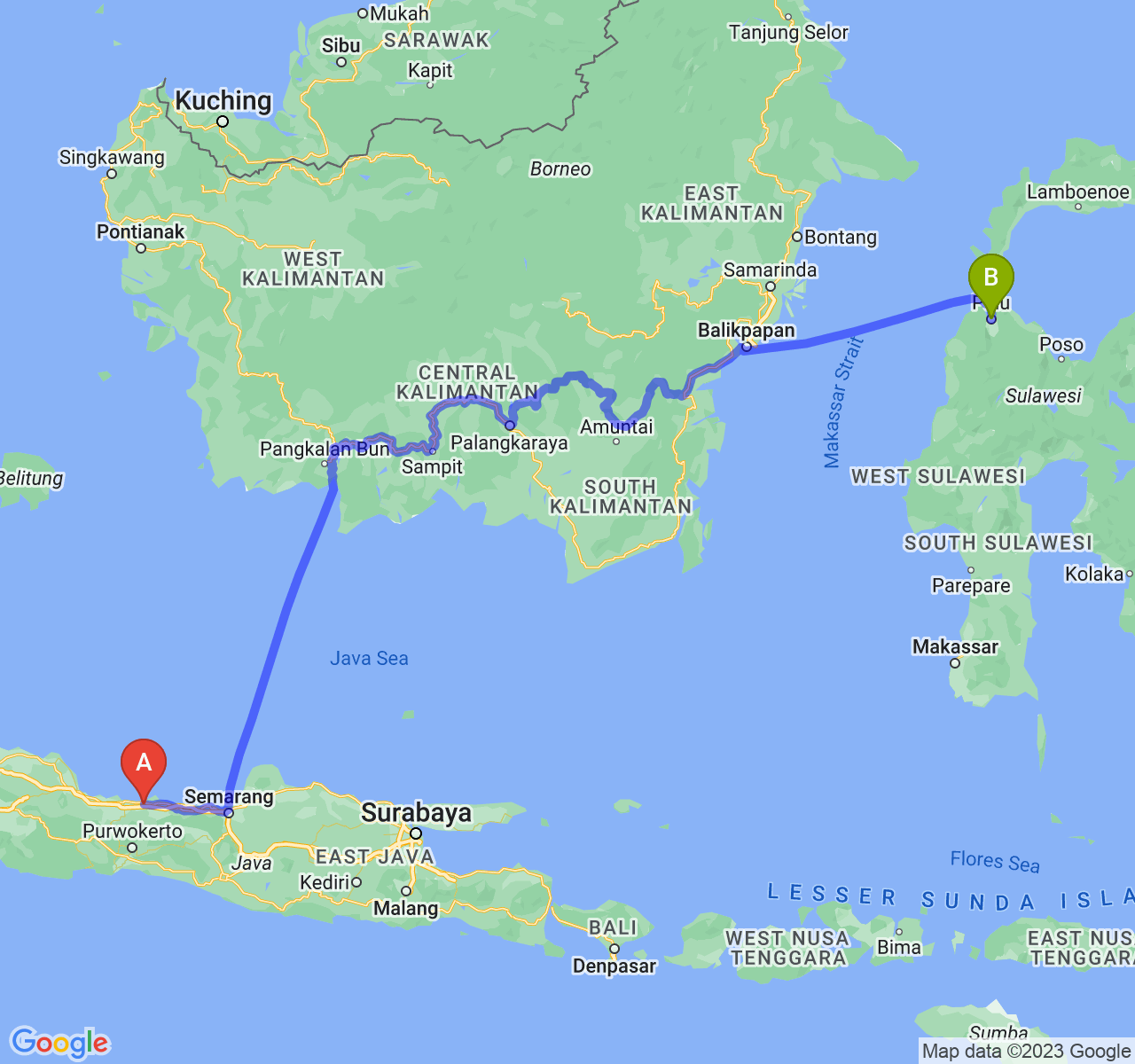 rute perjalanan Kab. Pemalang-Kota Palu