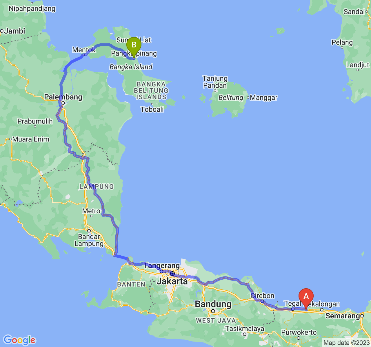 rute perjalanan Kab. Pemalang-Kota Pangkalpinang