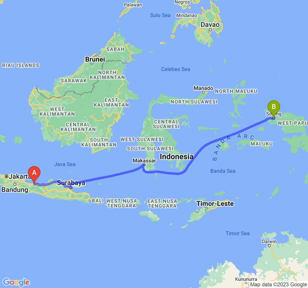 rute perjalanan Kab. Pemalang-Kota Sorong