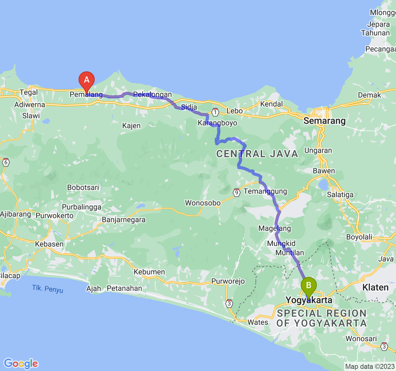 rute perjalanan Kab. Pemalang-Kota Yogyakarta