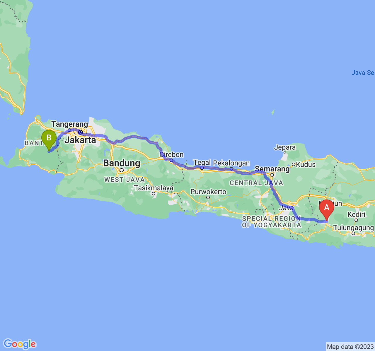 rute perjalanan Kab. Ponorogo-Kab. Lebak