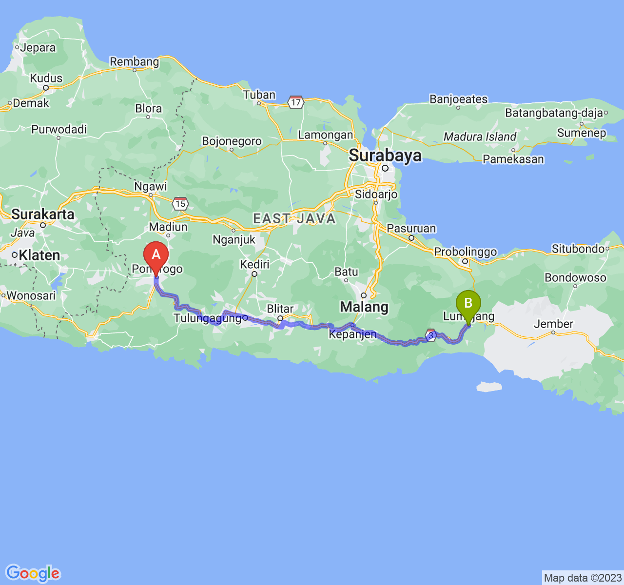 rute perjalanan Kab. Ponorogo-Kab. Lumajang