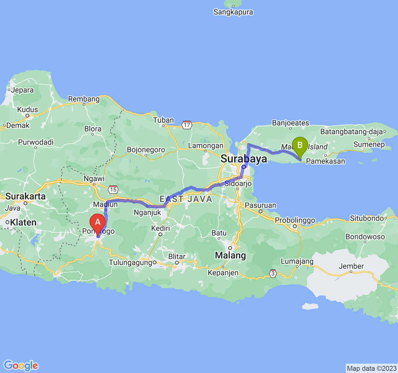 rute perjalanan Kab. Ponorogo-Kab. Sampang