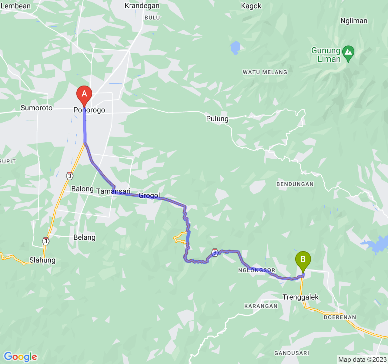 rute perjalanan Kab. Ponorogo-Kab. Trenggalek