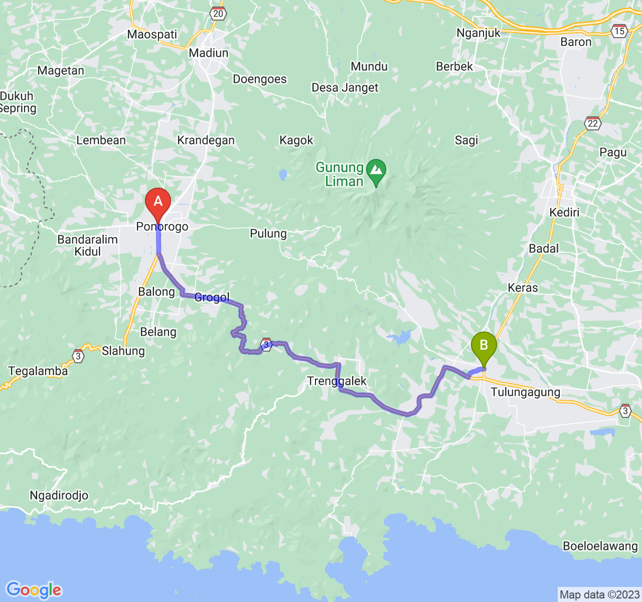 rute perjalanan Kab. Ponorogo-Kab. Tulungagung