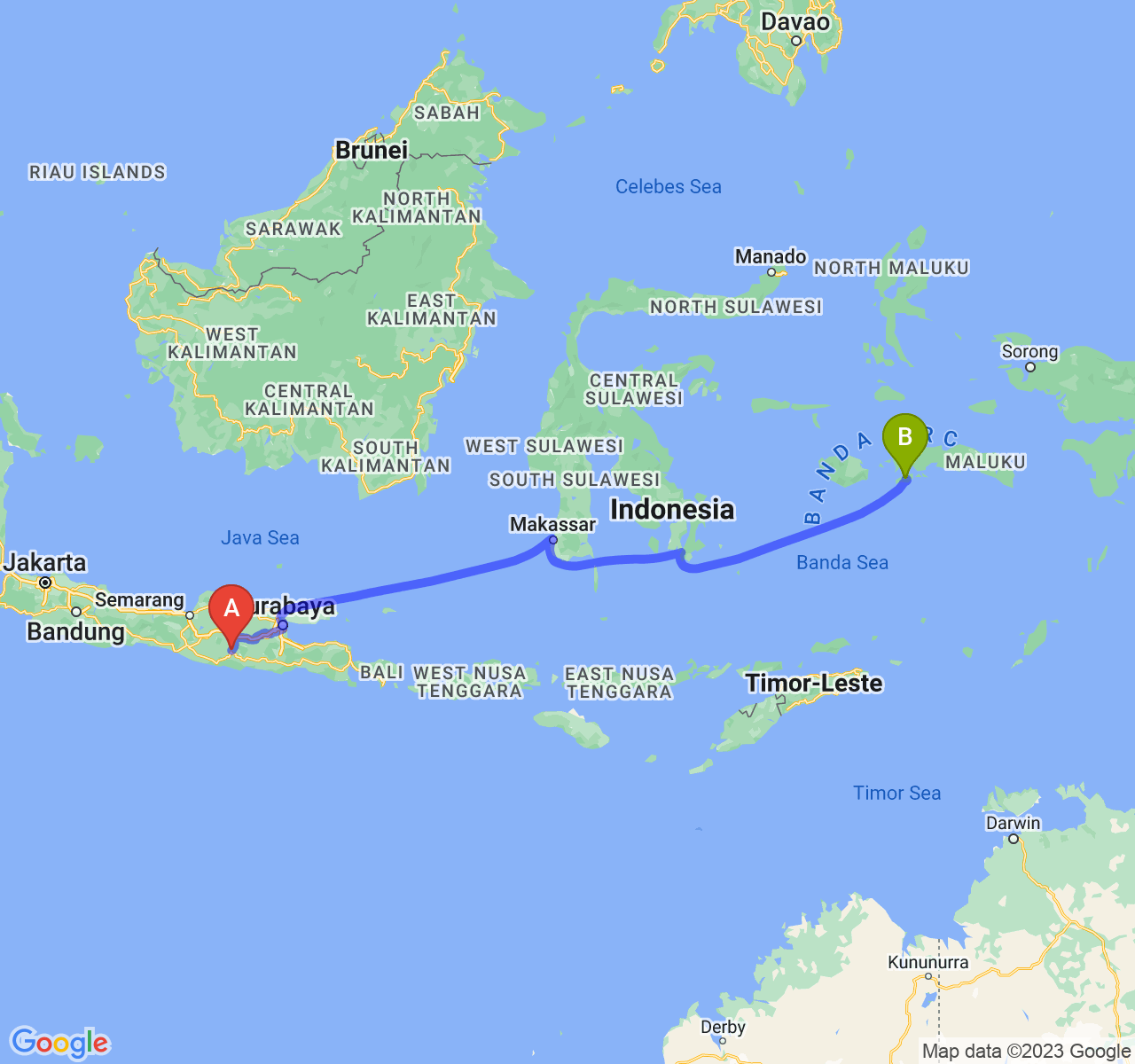 rute perjalanan Kab. Ponorogo-Kota Ambon