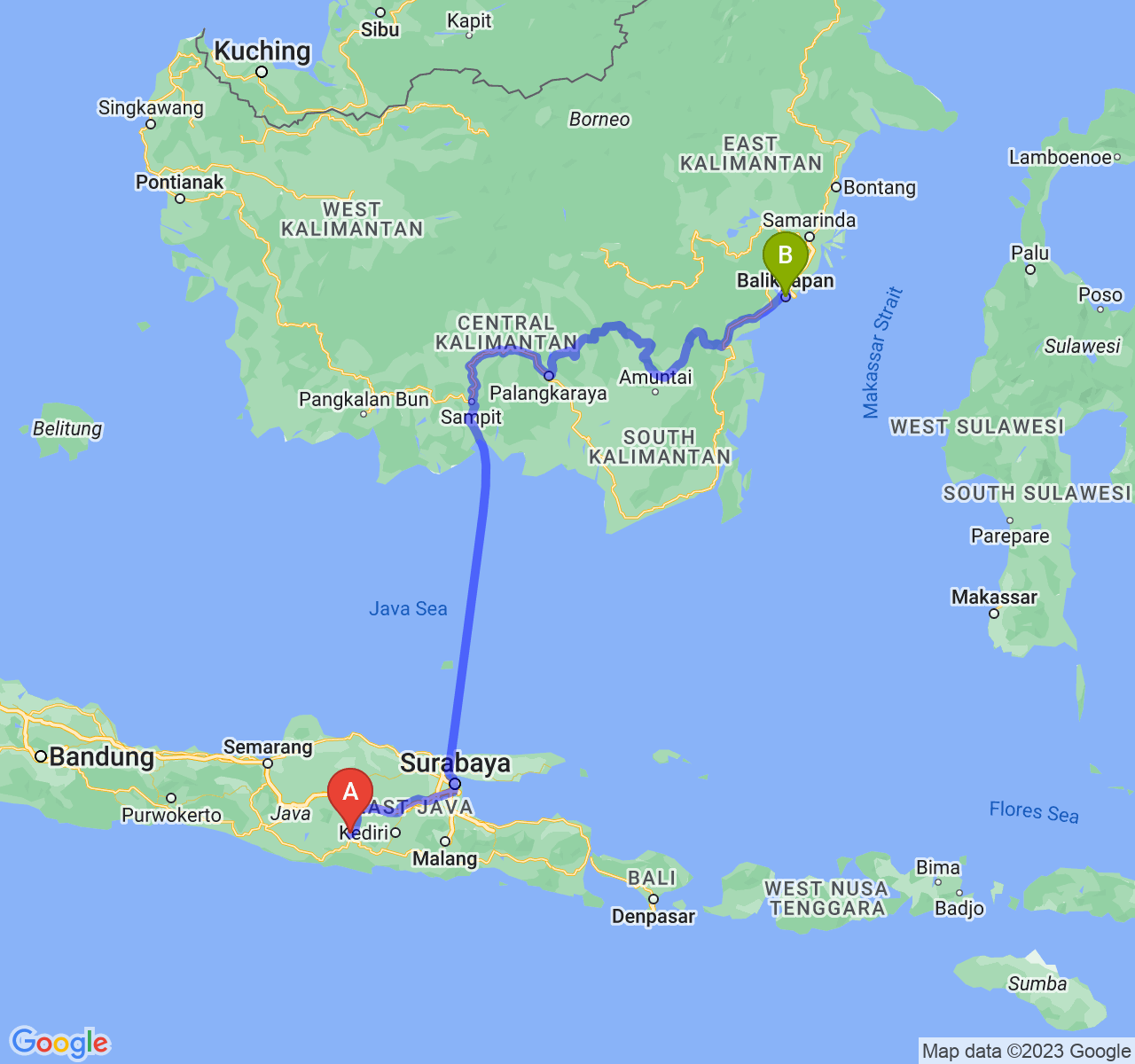 rute perjalanan Kab. Ponorogo-Kota Balikpapan