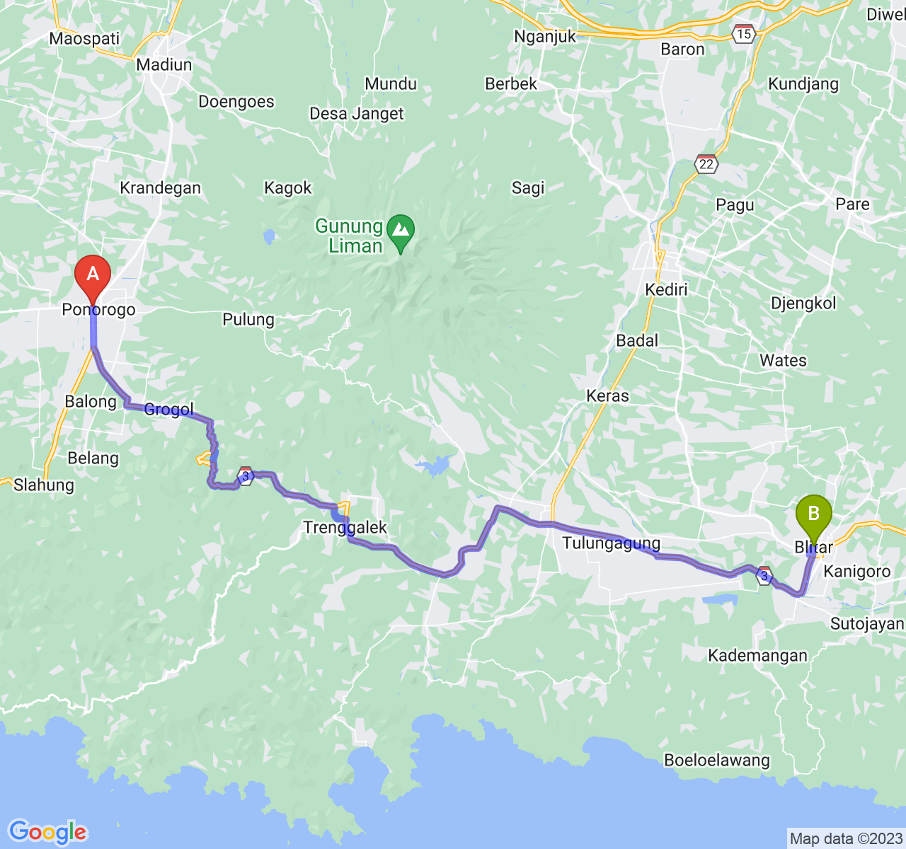 rute perjalanan Kab. Ponorogo-Kota Blitar