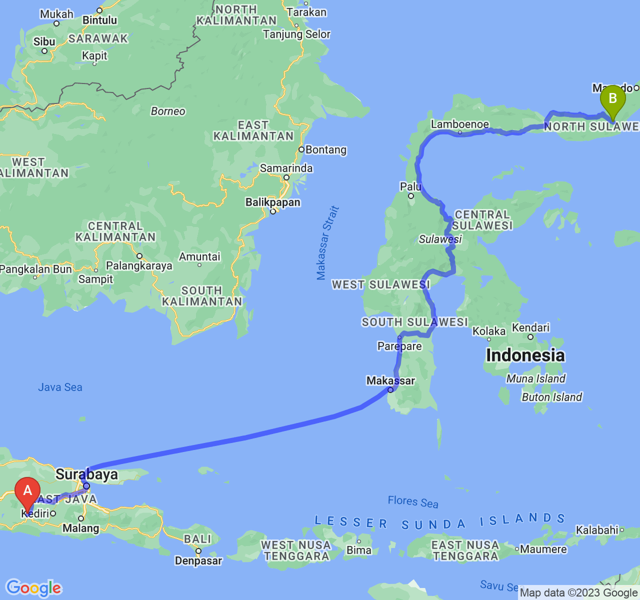 rute perjalanan Kab. Ponorogo-Kota Kotamobagu