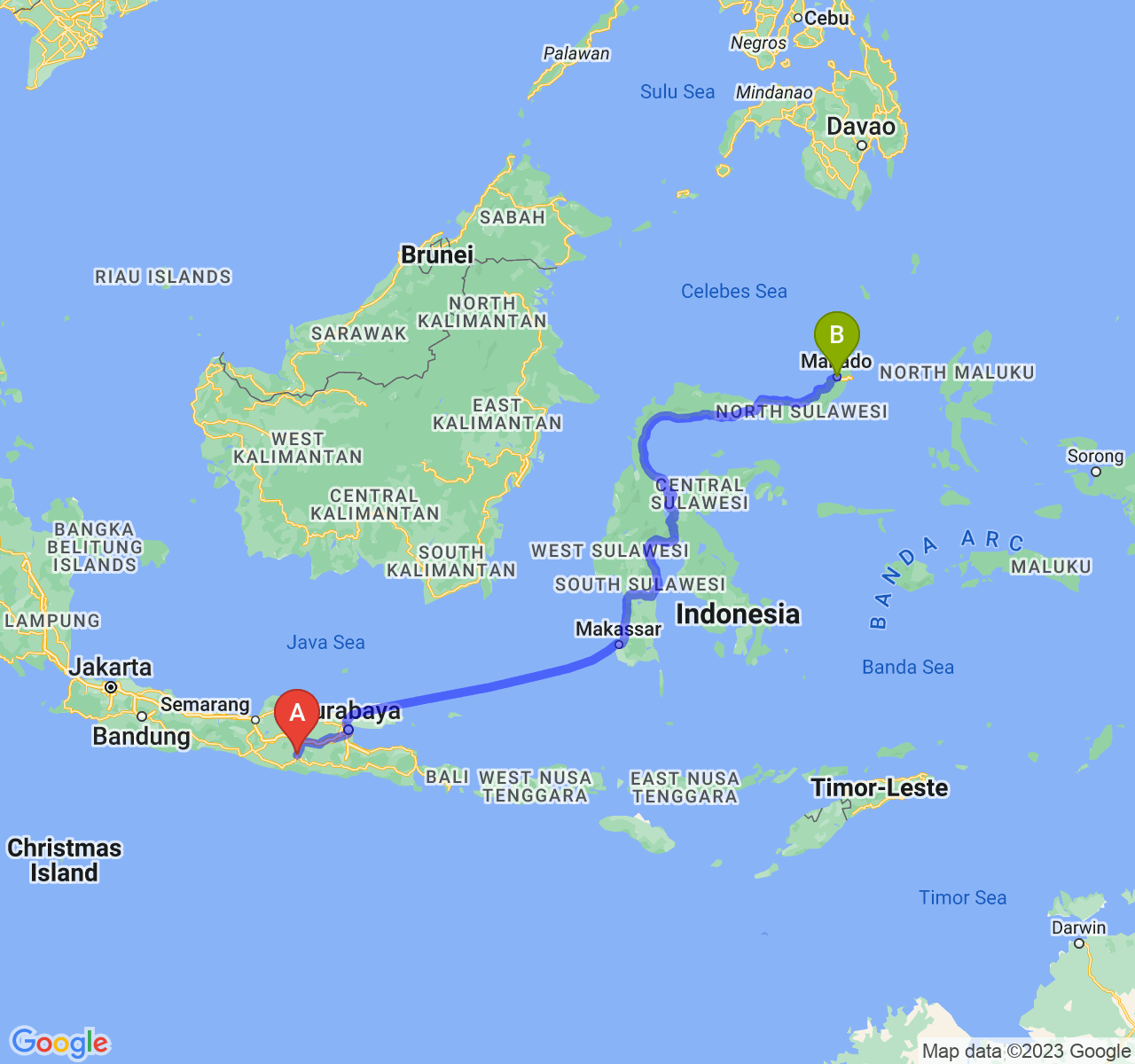 rute perjalanan Kab. Ponorogo-Kota Manado