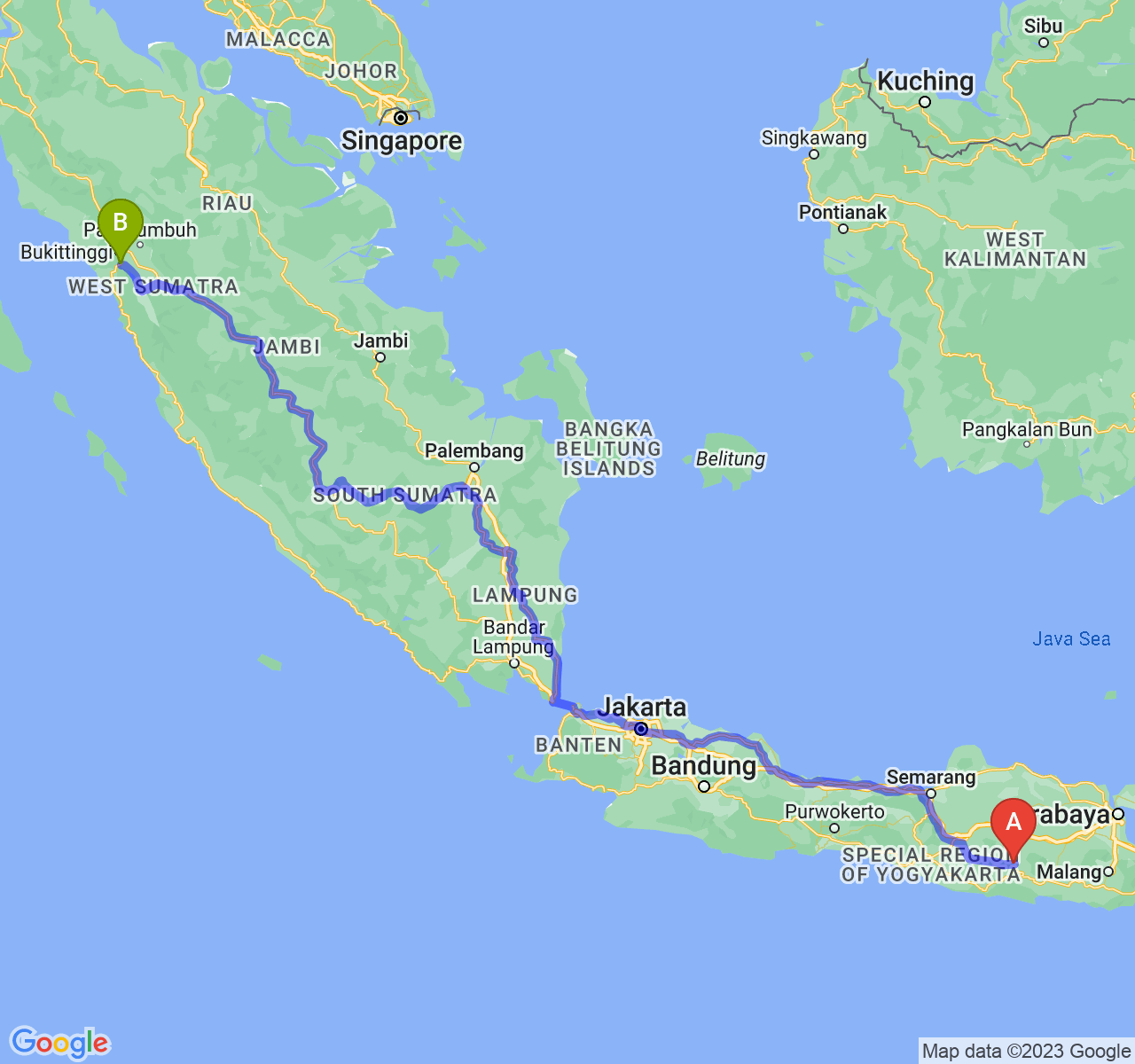 rute perjalanan Kab. Ponorogo-Kota Padang Panjang