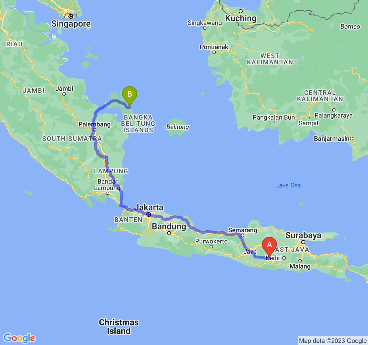 rute perjalanan Kab. Ponorogo-Kota Pangkalpinang