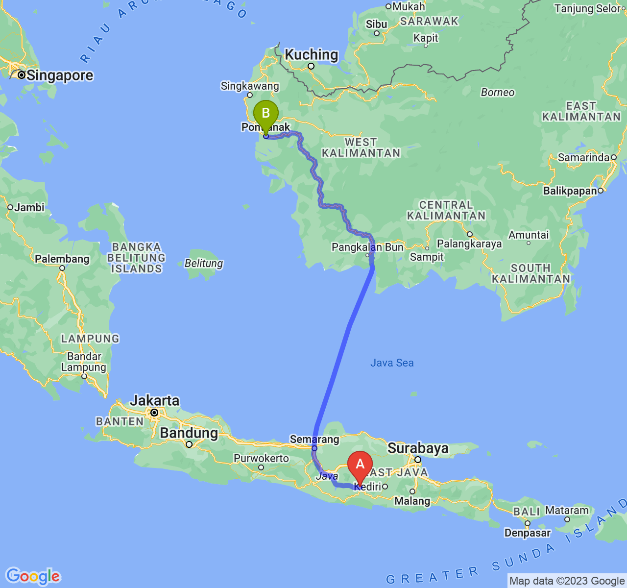 rute perjalanan Kab. Ponorogo-Kota Pontianak