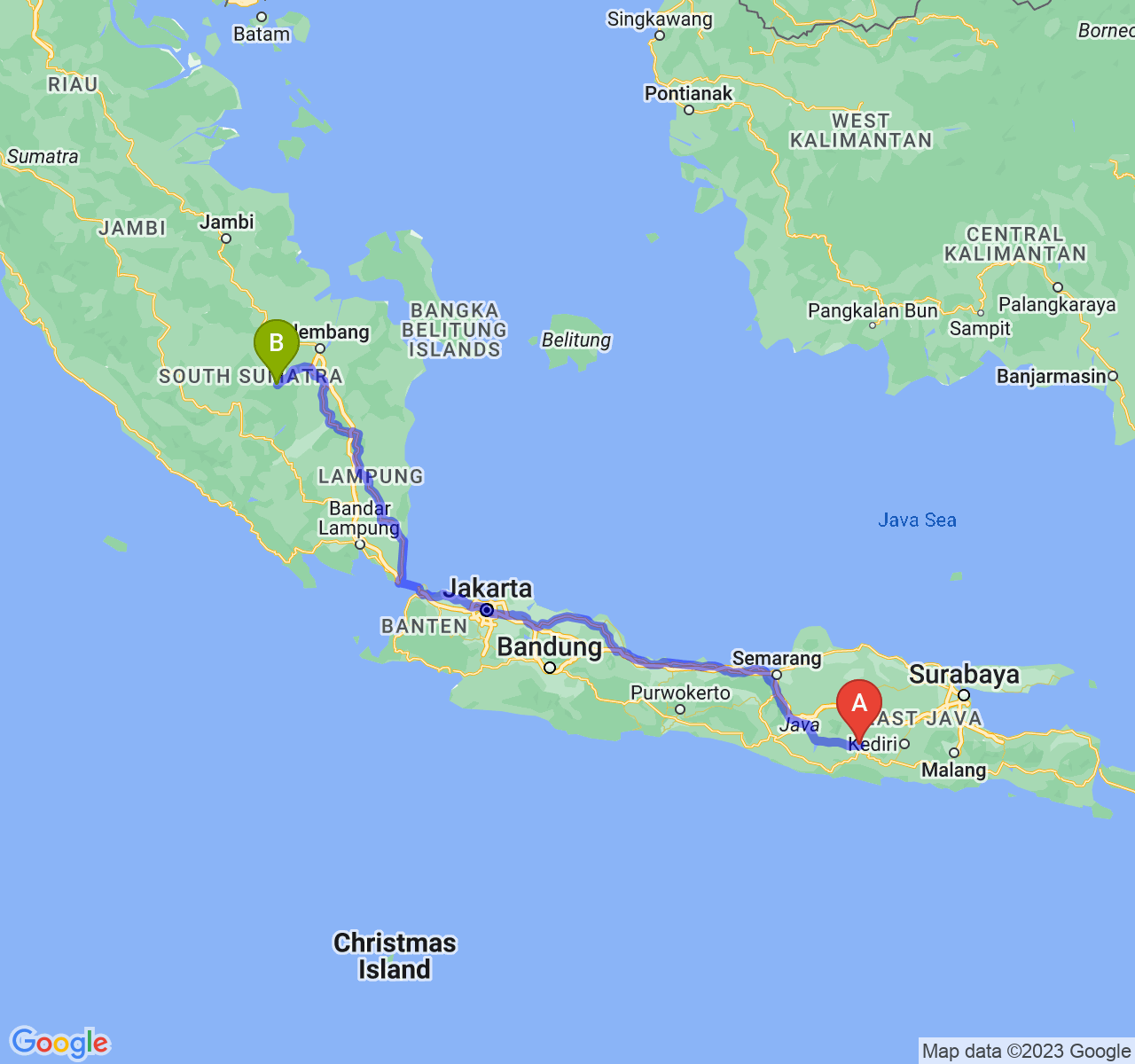 rute perjalanan Kab. Ponorogo-Kota Prabumulih