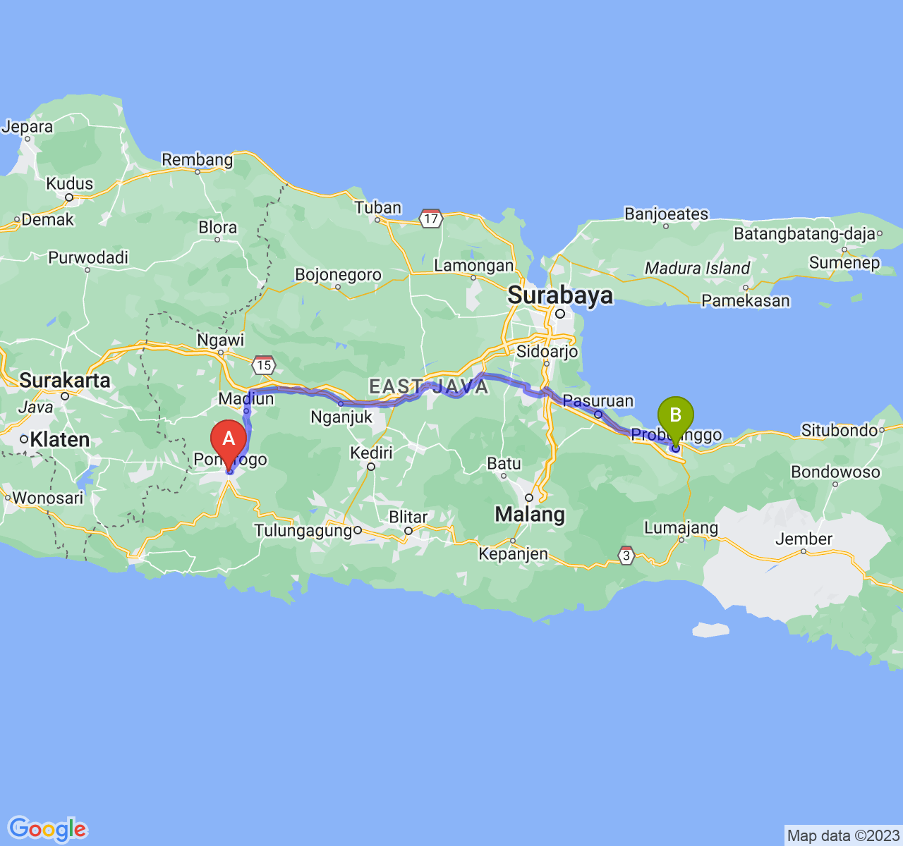 rute perjalanan Kab. Ponorogo-Kota Probolinggo