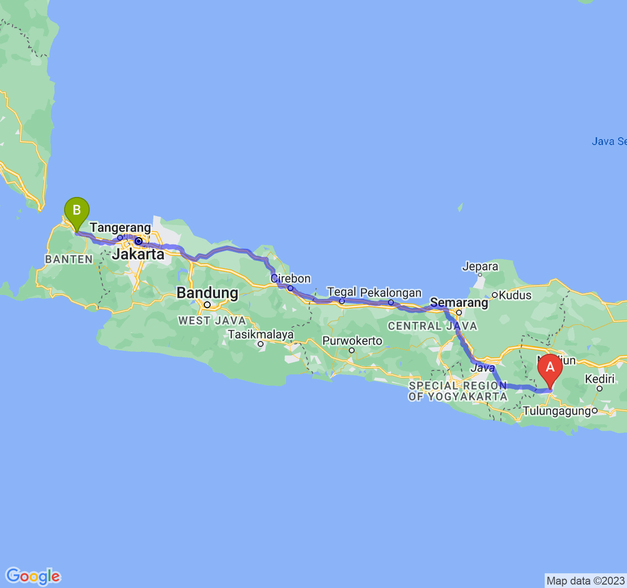 rute perjalanan Kab. Ponorogo-Kota Serang