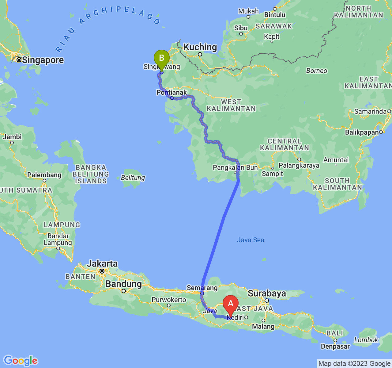 rute perjalanan Kab. Ponorogo-Kota Singkawang