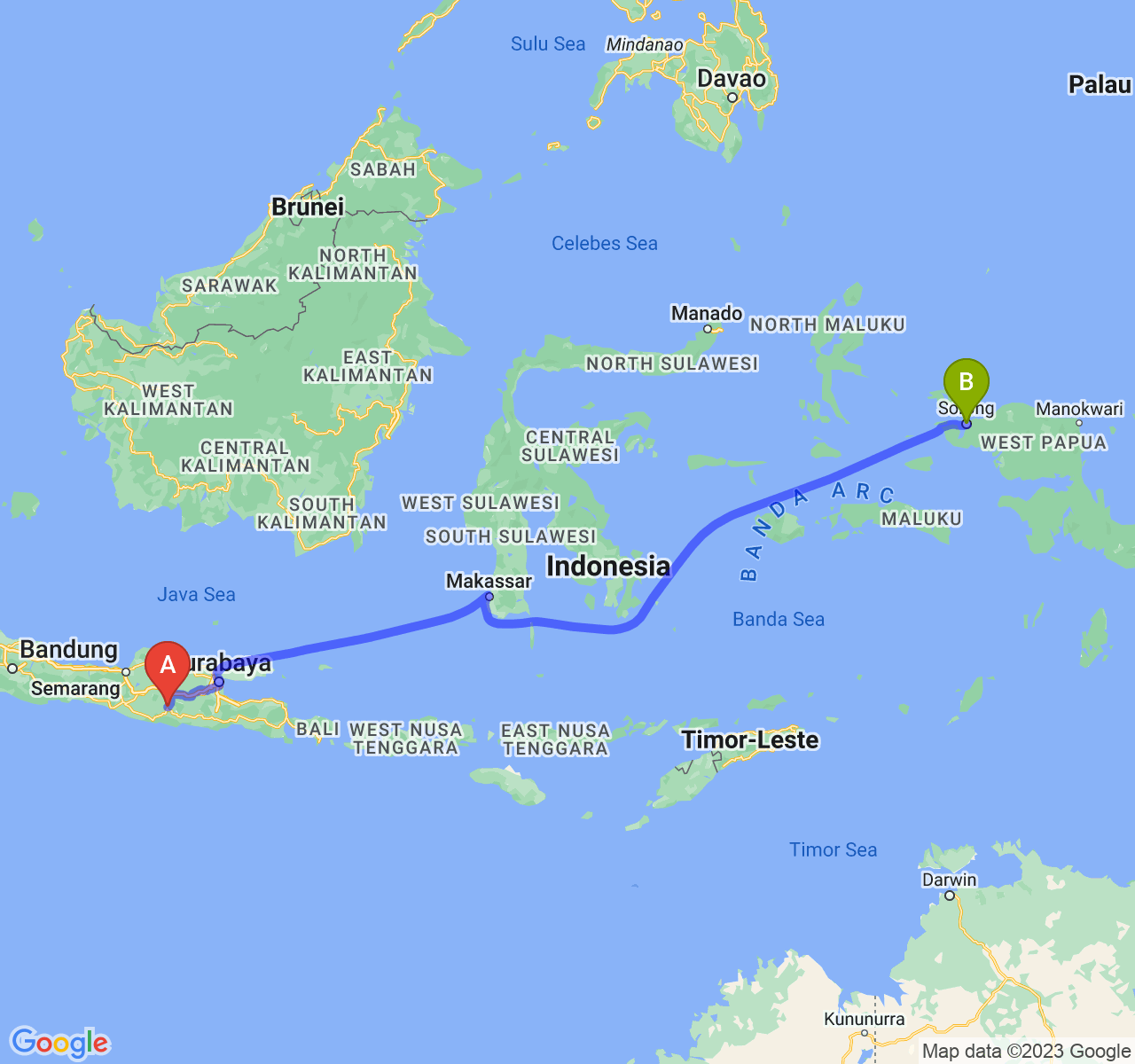 rute perjalanan Kab. Ponorogo-Kota Sorong