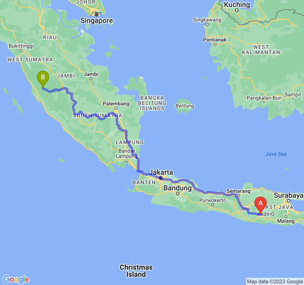 rute perjalanan Kab. Ponorogo-Kota Sungai Penuh