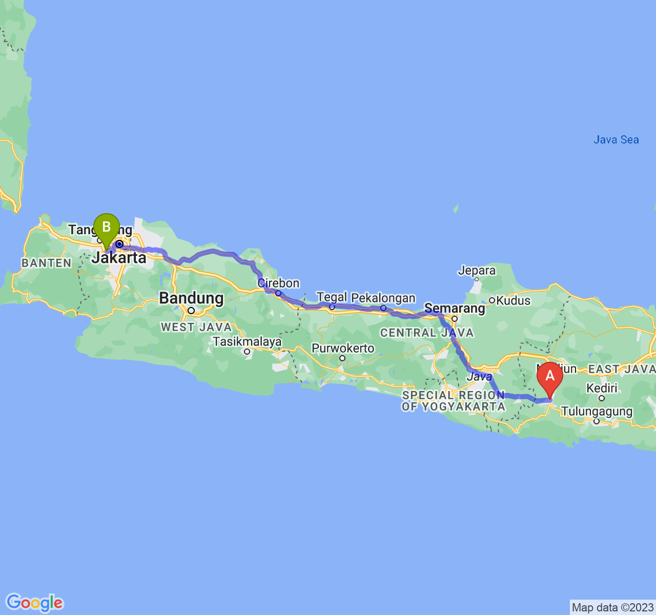 rute perjalanan Kab. Ponorogo-Kota Tangerang Selatan