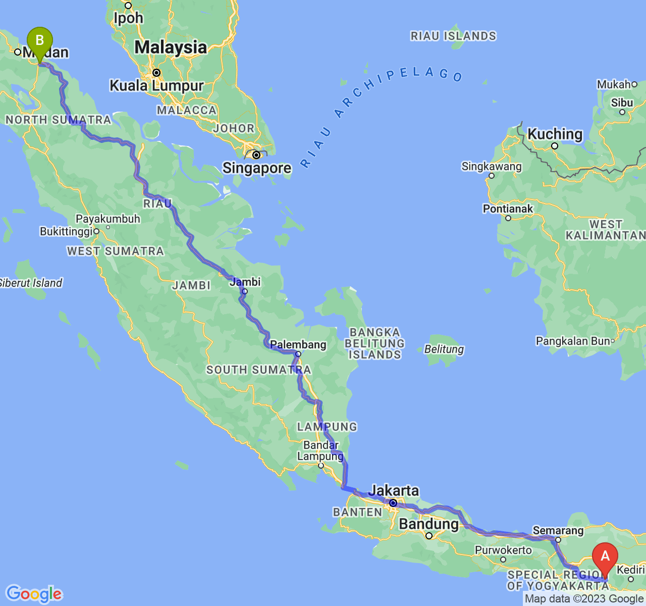 rute perjalanan Kab. Ponorogo-Kota Tebing Tinggi