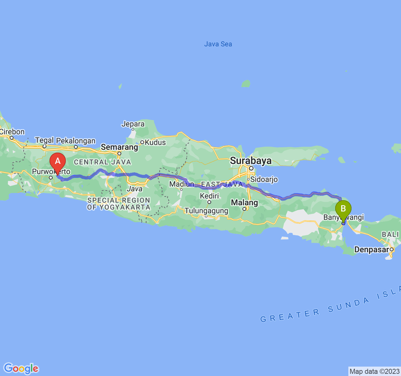 rute perjalanan Kab. Purbalingga-Kab. Banyuwangi