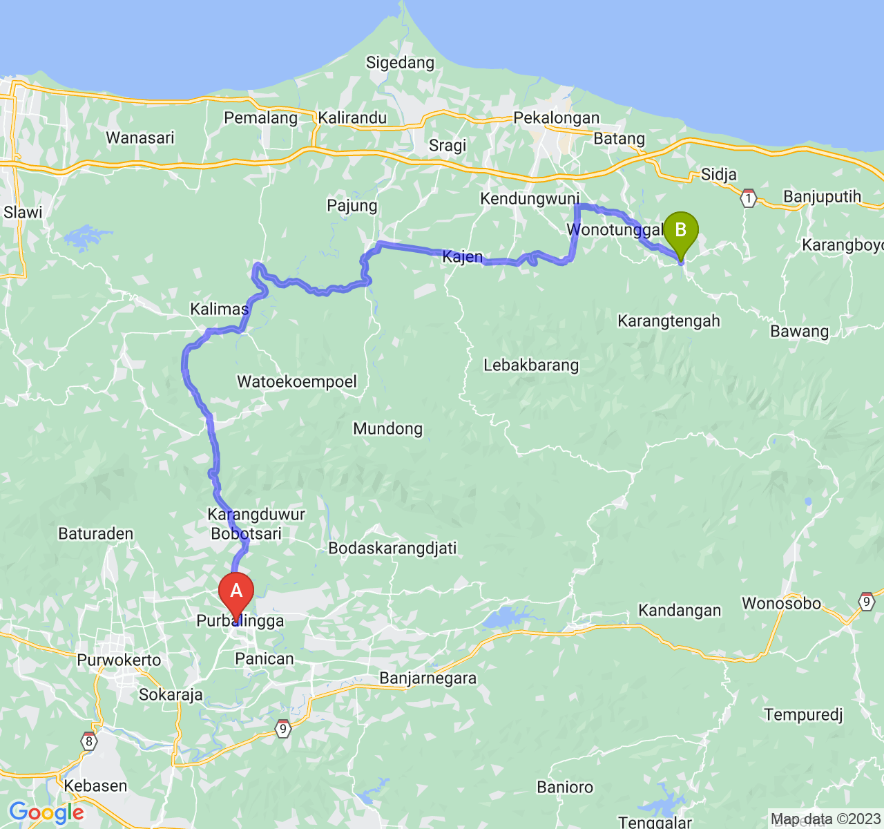 rute perjalanan Kab. Purbalingga-Kab. Batang