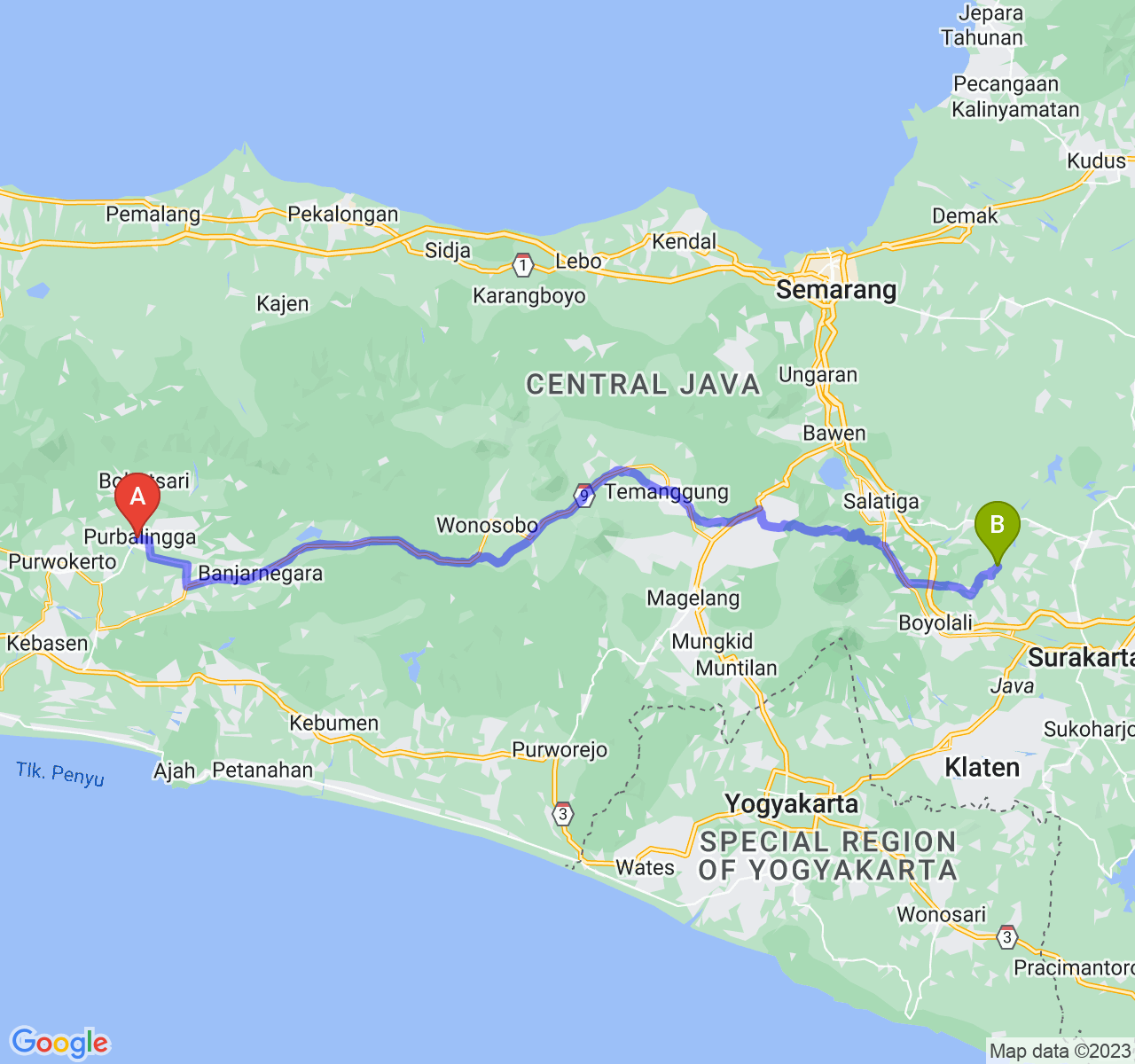 rute perjalanan Kab. Purbalingga-Kab. Boyolali