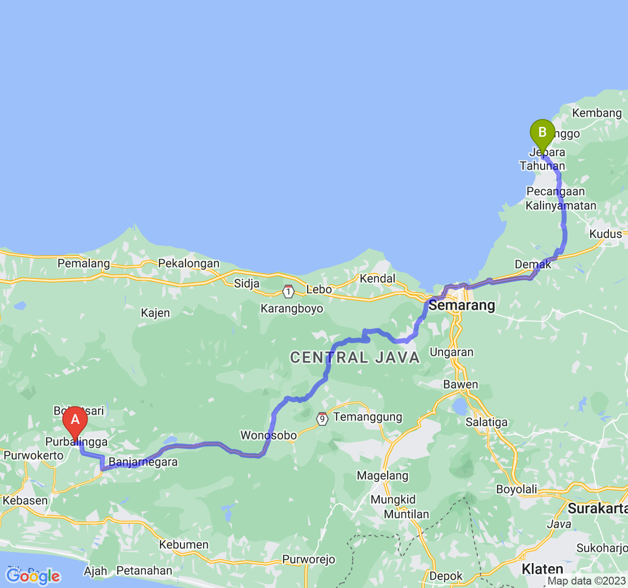 rute perjalanan Kab. Purbalingga-Kab. Jepara