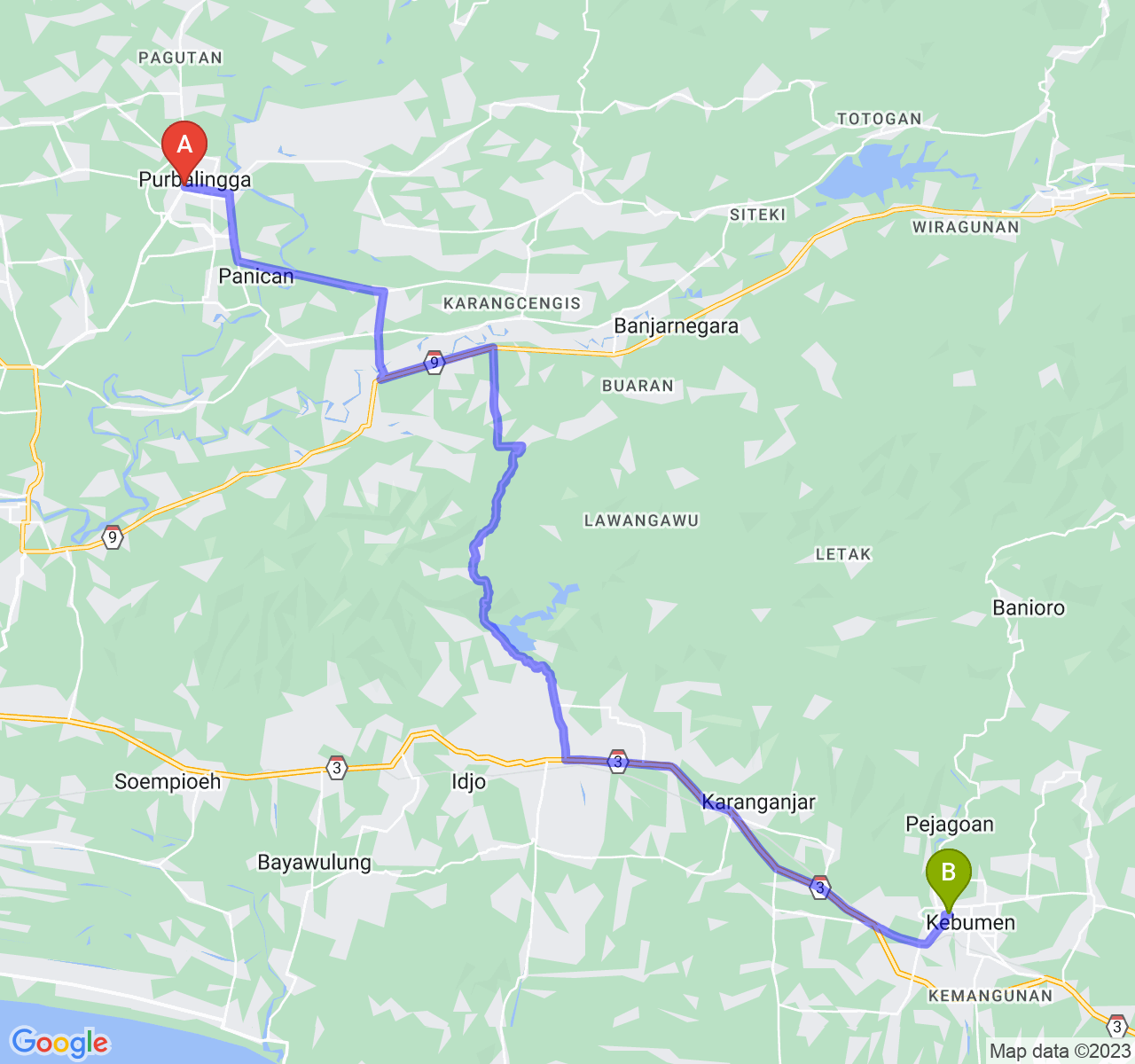 rute perjalanan Kab. Purbalingga-Kab. Kebumen