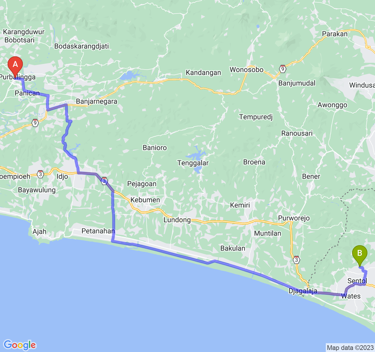 rute perjalanan Kab. Purbalingga-Kab. Kulon Progo