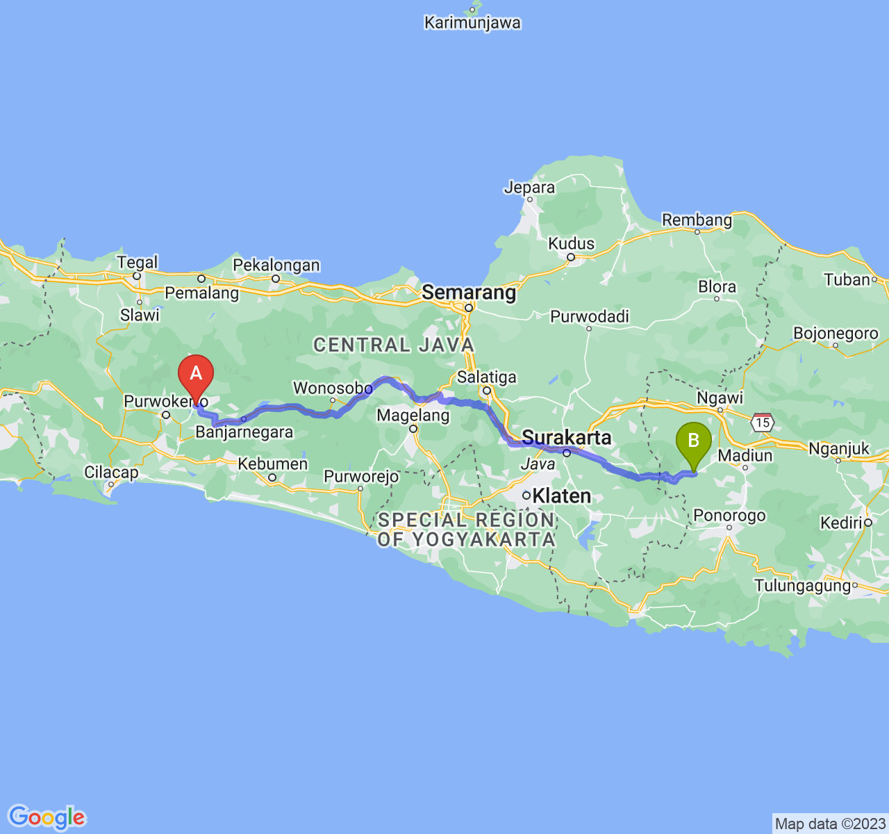 rute perjalanan Kab. Purbalingga-Kab. Magetan