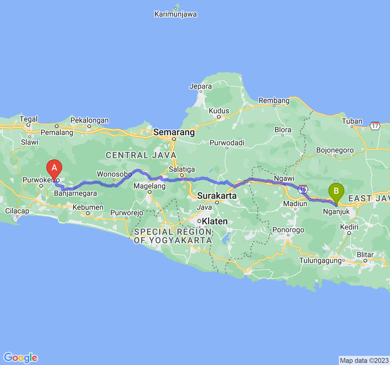 rute perjalanan Kab. Purbalingga-Kab. Nganjuk