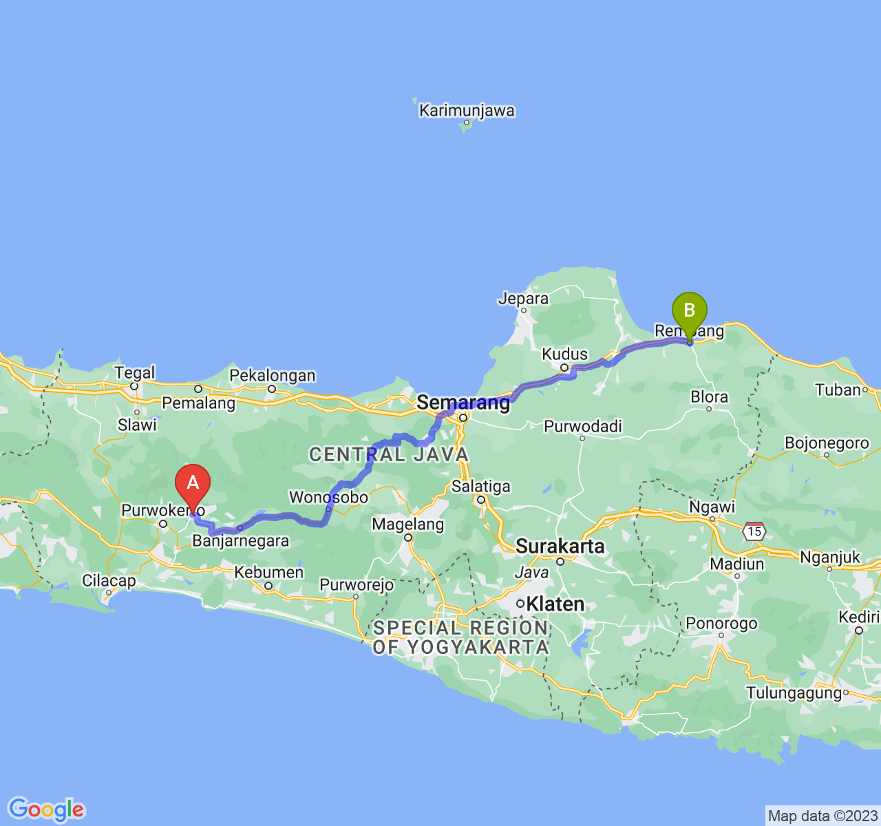 rute perjalanan Kab. Purbalingga-Kab. Rembang