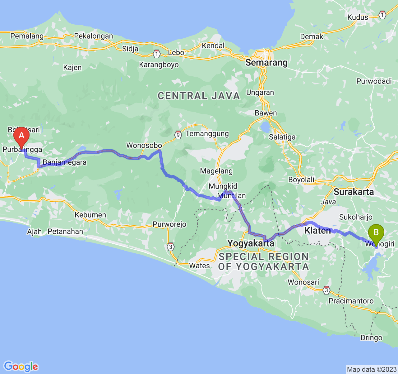 rute perjalanan Kab. Purbalingga-Kab. Wonogiri