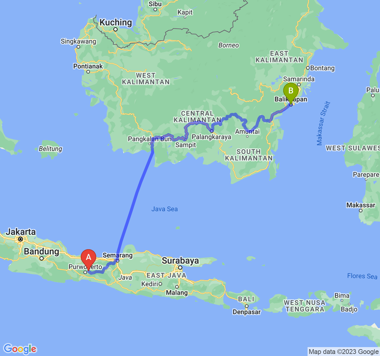 rute perjalanan Kab. Purbalingga-Kota Balikpapan