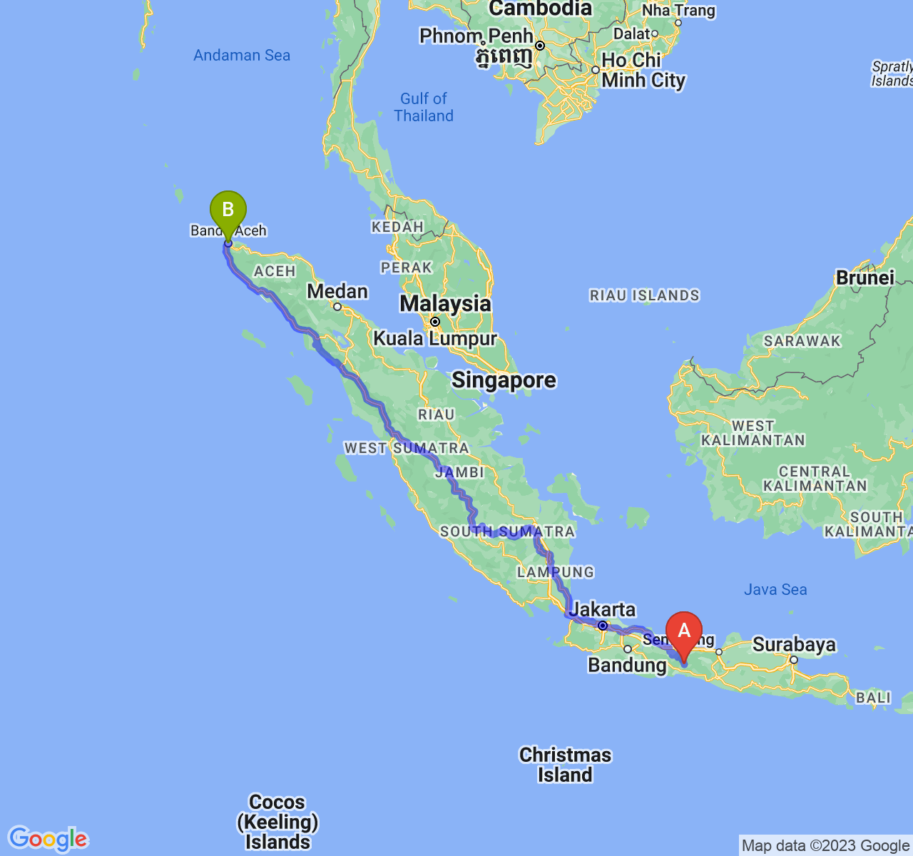 rute perjalanan Kab. Purbalingga-Kota Banda Aceh