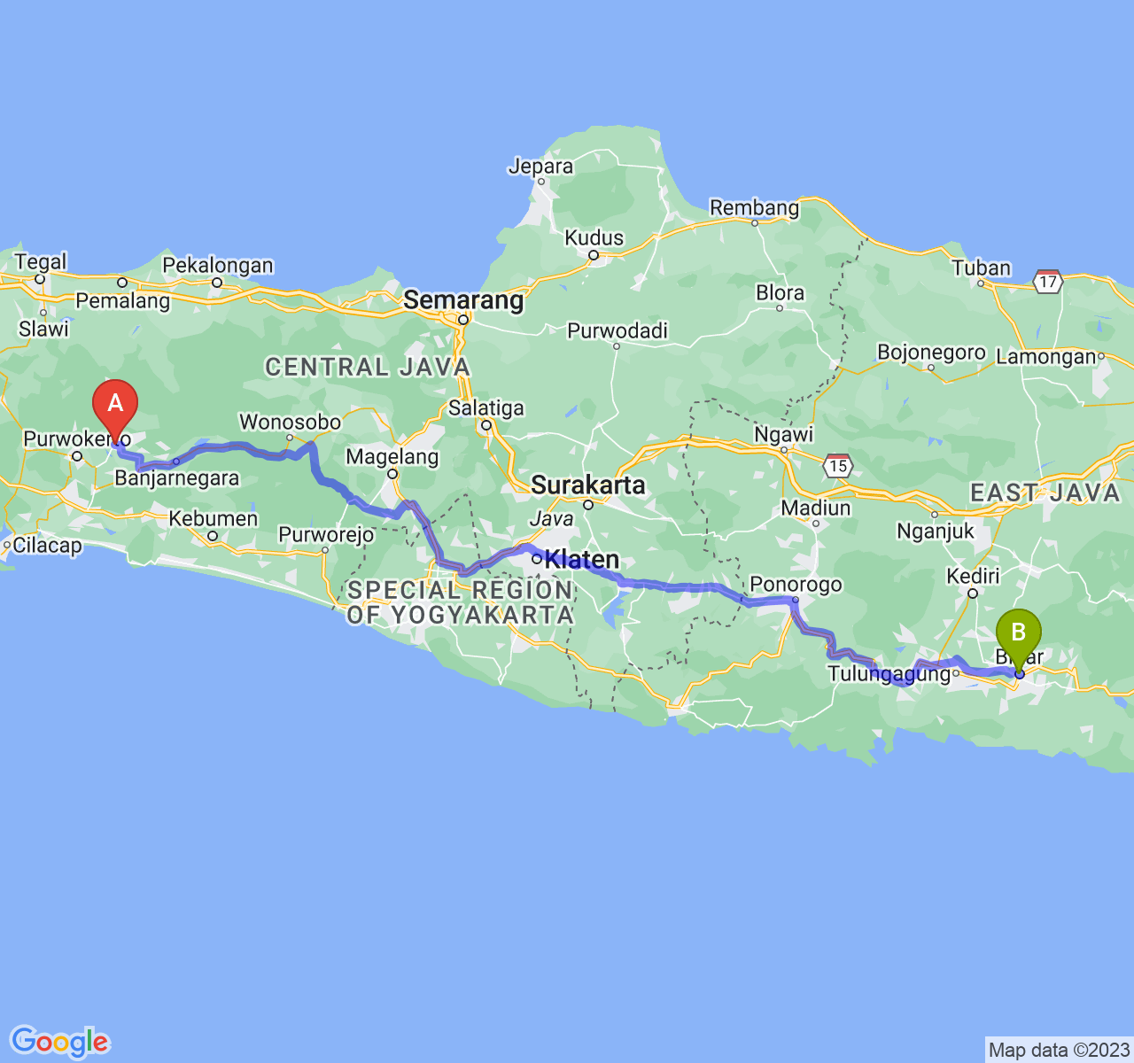 rute perjalanan Kab. Purbalingga-Kota Blitar