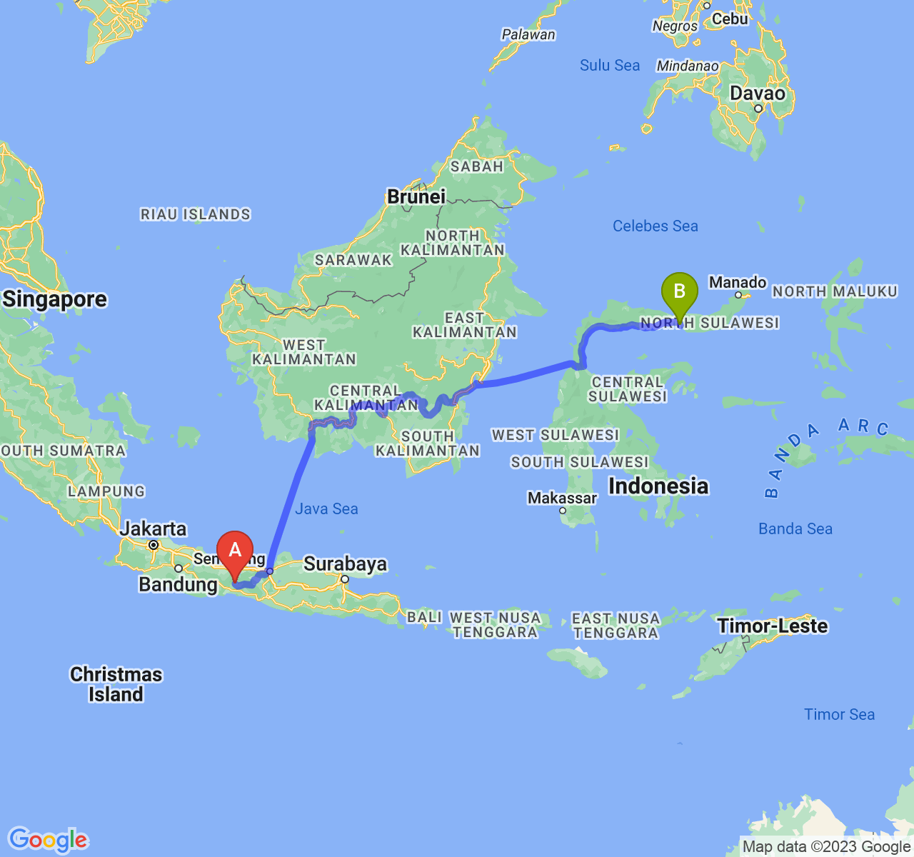 rute perjalanan Kab. Purbalingga-Kota Gorontalo