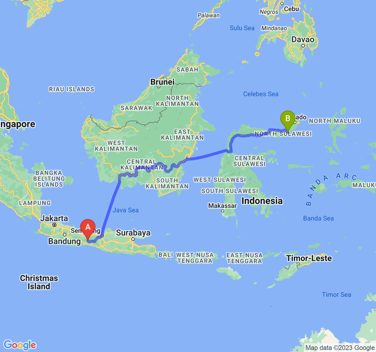 rute perjalanan Kab. Purbalingga-Kota Kotamobagu