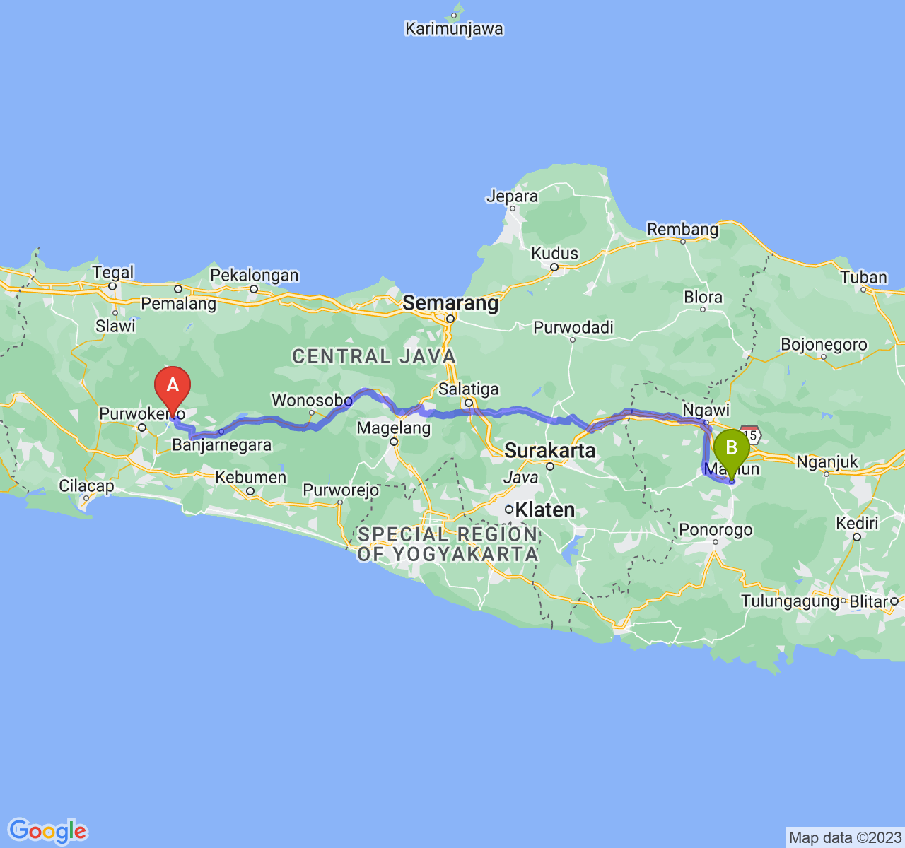 rute perjalanan Kab. Purbalingga-Kota Madiun