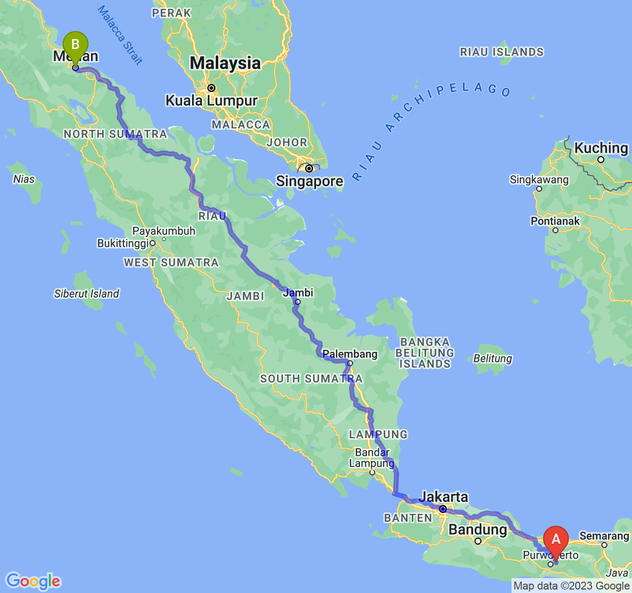 rute perjalanan Kab. Purbalingga-Kota Medan