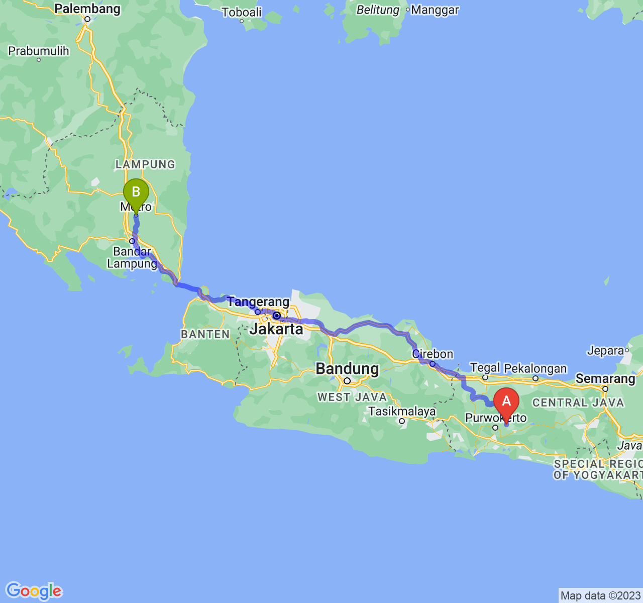 rute perjalanan Kab. Purbalingga-Kota Metro